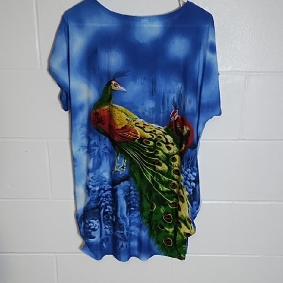 Lightweight Stretchy Peacock Print Blue Women's coverup Lounge Top - Picture 10 of 11
